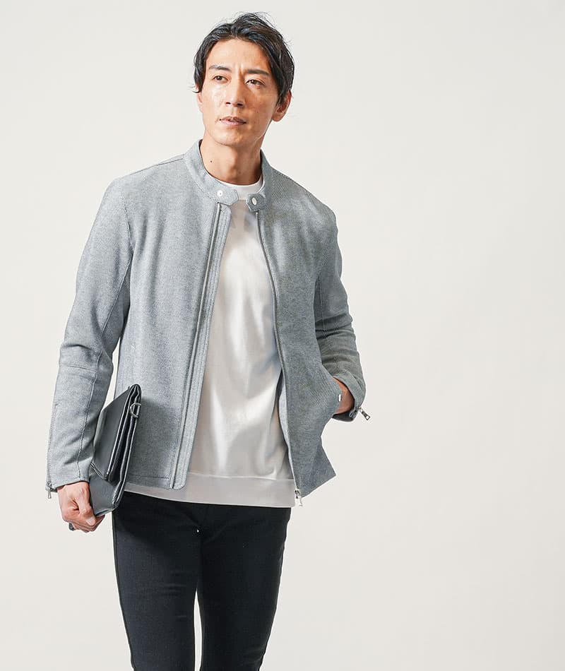 カット素材長袖シングルライダースジャケット