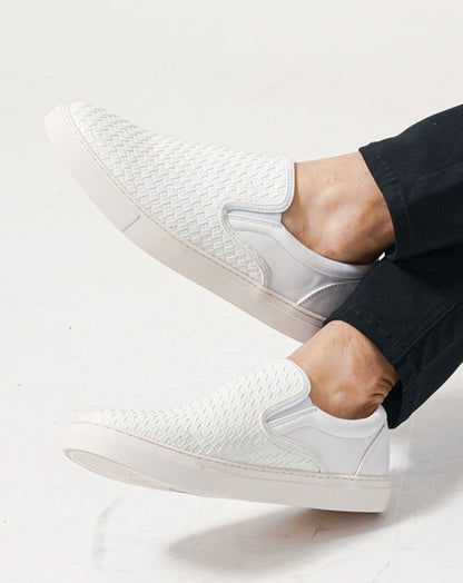 PUレザーイントレチャート編みスリッポンスニーカー