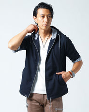 シアサッカー素材7分袖ジップアップパーカー