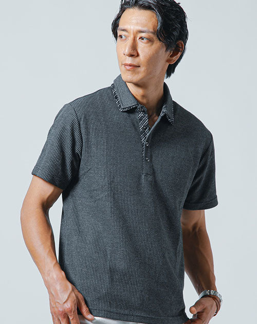 針抜きストライプ２枚襟前立てデザイン半袖ポロシャツ