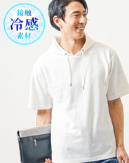 接触冷感ドライワッフル素材オーバーサイズ5分袖プルオーバーパーカー