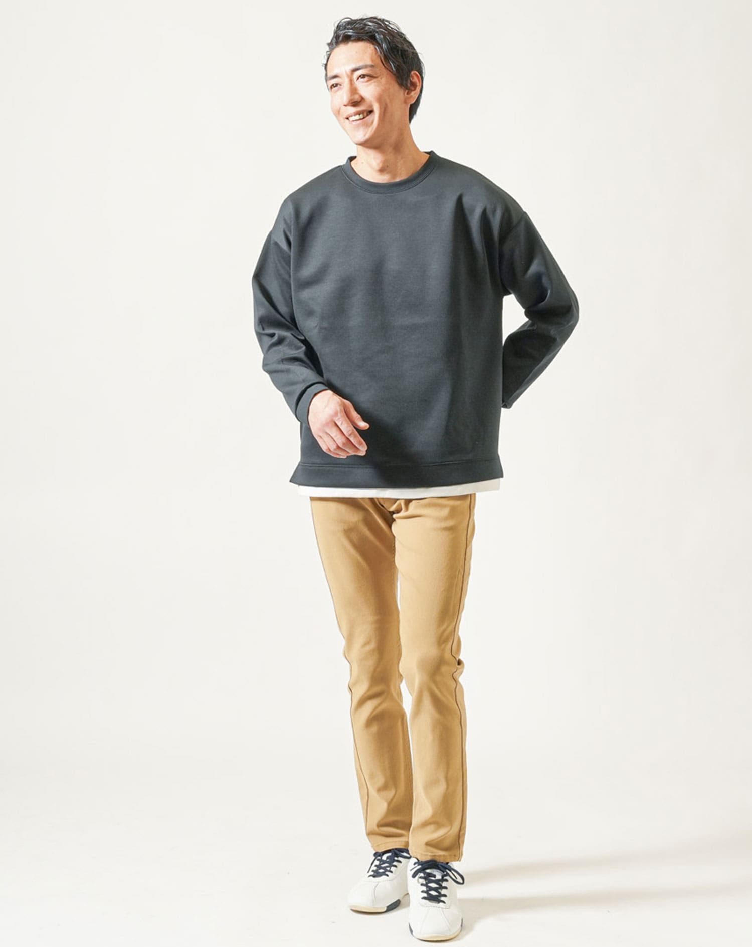 ダンボールニットオーバーサイズフェイクレイヤード長袖クルー