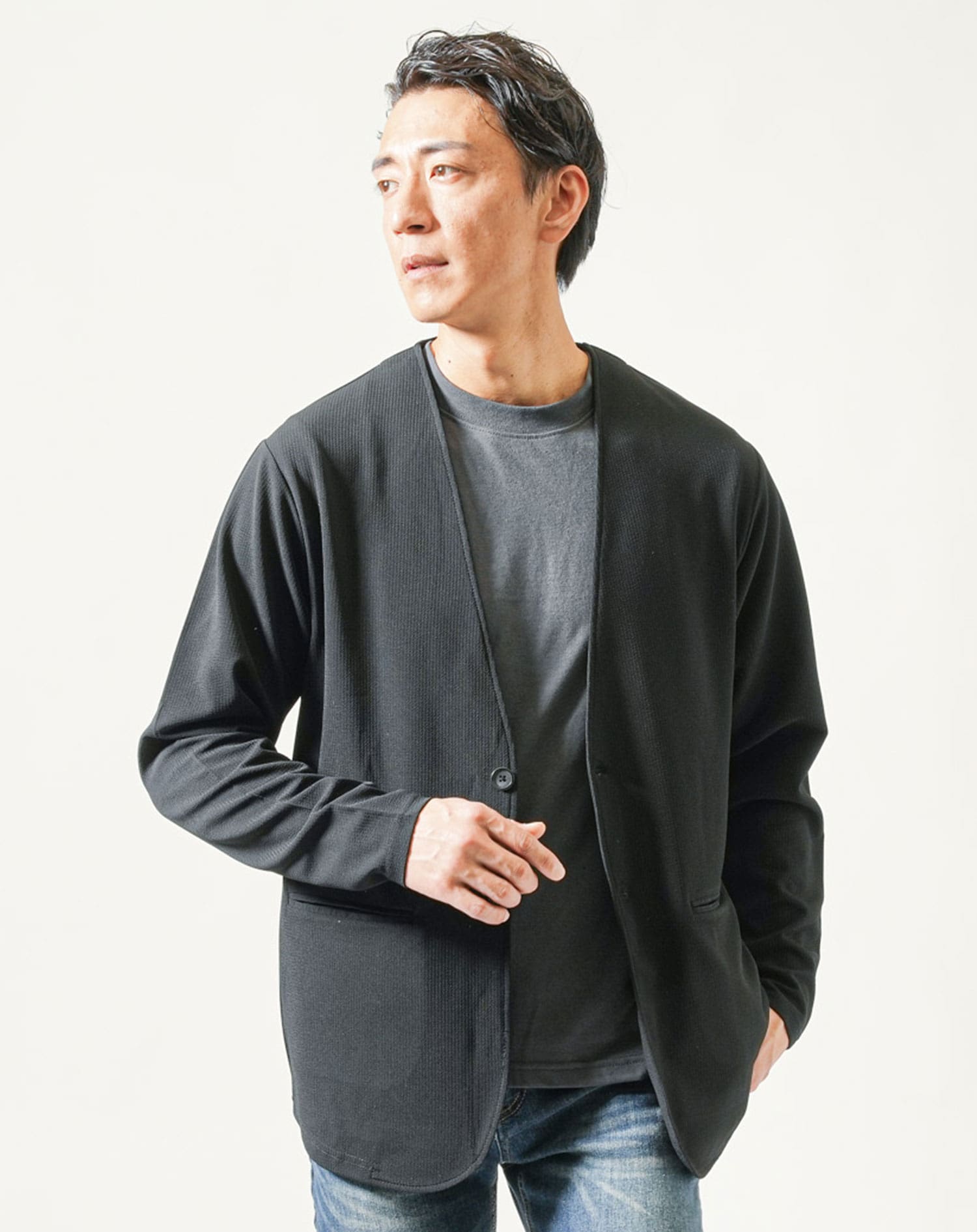 接触冷感ノーカラー長袖ジャケット×半袖クルーネックTシャツ 2枚