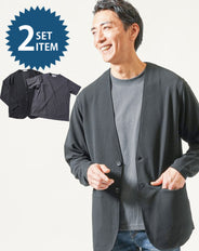 ノーカラー長袖ジャケット×半袖クルーネックTシャツ 2点セット