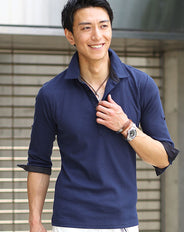 裏地ドットデザイン７分袖ポロシャツ