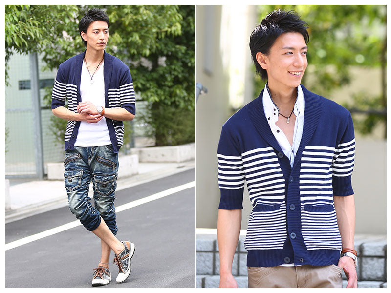 ショールカラーパネルボーダーカーディガン