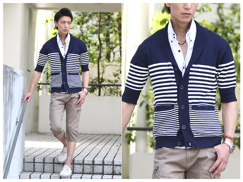 ショールカラーパネルボーダーカーディガン