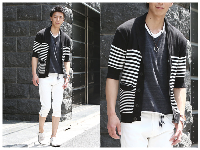 ショールカラーパネルボーダーカーディガン