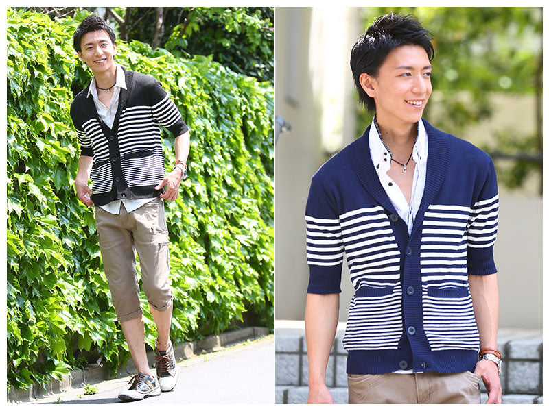 ショールカラーパネルボーダーカーディガン