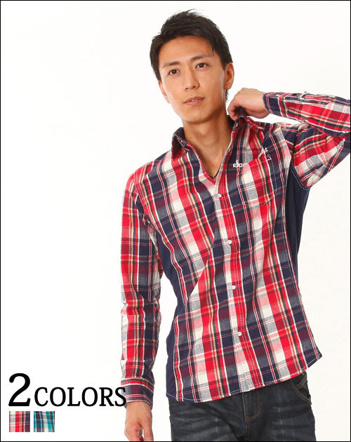 刺繍入り切り替えデザインチェックシャツ