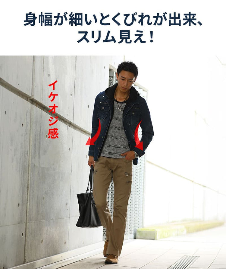 フェイクレイヤードフード付きストレッチデニムジャケット