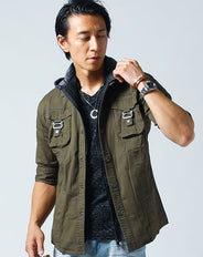 フェイクレイヤードダブルジップミリタリー５分袖シャツパーカー