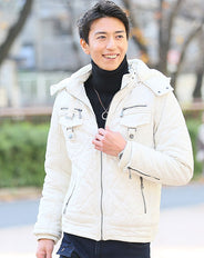 ムラスエードデザインストレッチフード付き中綿ダウンジャケット