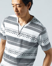 オルテガボーダーリップル半袖Vネックカットソー