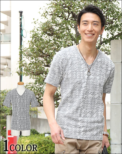 スラブ素材チドリデザインVネック半袖カットソー
