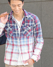 グラデーションデザイン色落ち加工インディゴチェックシャツ