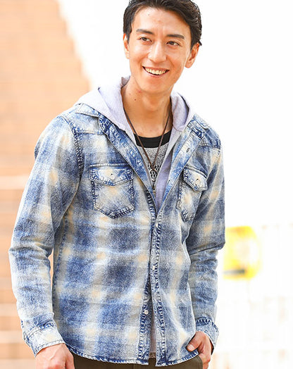 フェイクレイヤード色落ち加工チェックシャツボタンパーカー