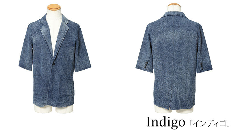 インディゴ染め膨れジャガードデザイン5分袖テーラードジャケット