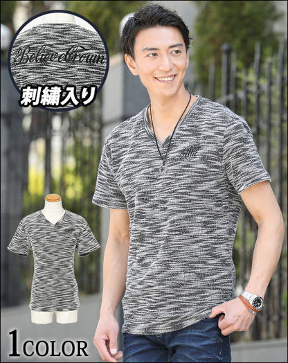 刺繍入り杢スラブ素材半袖VネックTシャツ