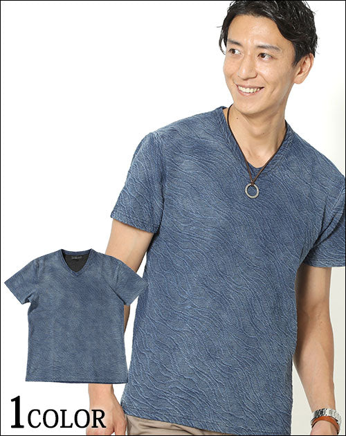 インディゴ染め膨れジャガードデザインVネックTシャツ