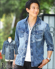 配色切り替えデザイン7分袖デニムシャツ