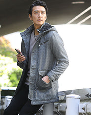 ヘリンボーンデザイン中綿フーデッドコート