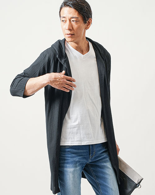 シャドーストライプ７分袖フーディガン