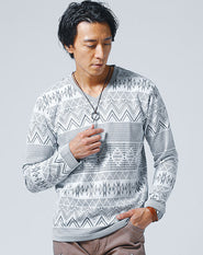 オルテガジャガード長袖ストレッチVネックTシャツ