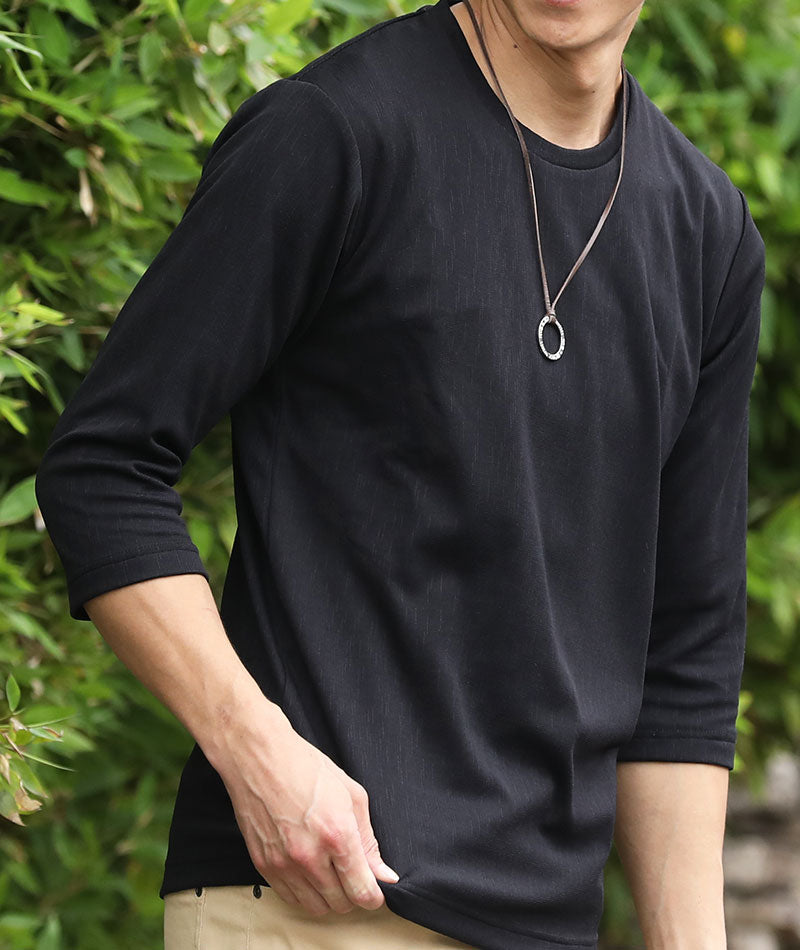 ストライプスラブ7分袖UネックTシャツ ｜ メンズファッション通販