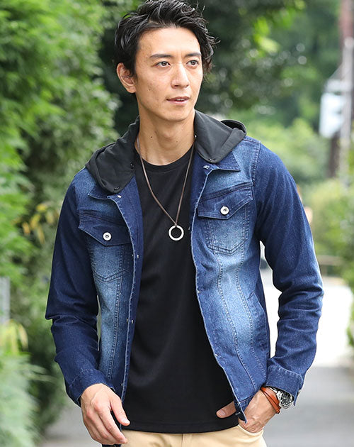 脱着フードストレッチデニムジャケット
