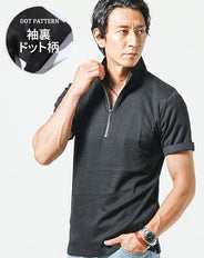 袖裏ドットデザインハーフジップスタンドカラー半袖ポロシャツ