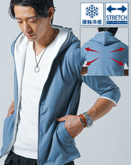 接触冷感スーパーストレッチレイヤードダブルフード7分袖パーカー