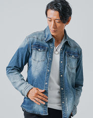 ヴィンテージ加工ウエスタン長袖デニムシャツ