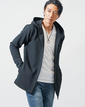 バイアスジャガード長袖フード付きボタンレスロングフーディガン