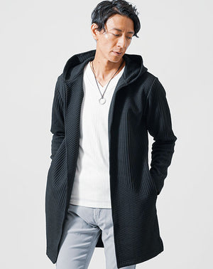 バイアスジャガード長袖フード付きボタンレスロングフーディガン（ブラック）