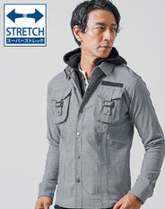 スーパーストレッチフェイクレイヤード長袖シャツパーカー