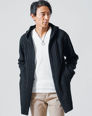 アラン編み長袖アクリルニットフーディガン