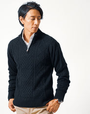アラン編みハーフジップスタンドカラーニットアウター