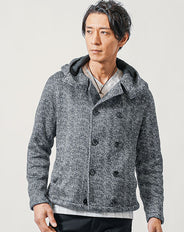 ヘリンボーンデザイン裏起毛フード付きPコート