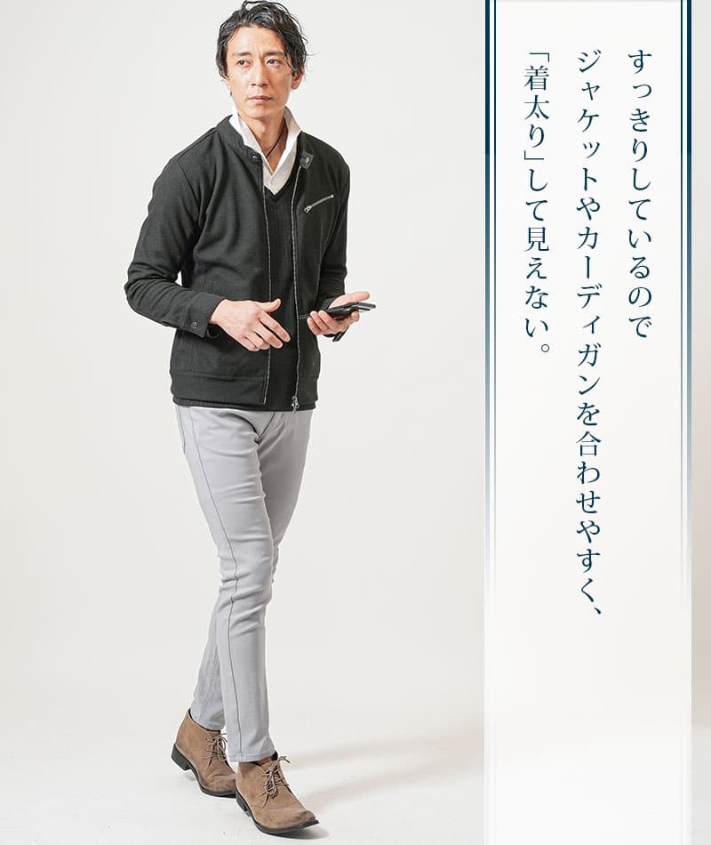 フェイクレイヤードストライプ長袖テレコVネックTシャツ