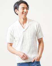 ジグザグ編みショールカラー半袖サマーニット