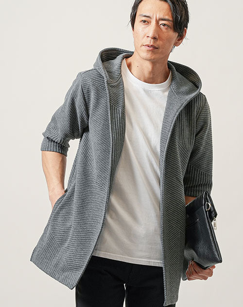 バイアスジャガード7分袖ボタンレスセミロングフーディガン