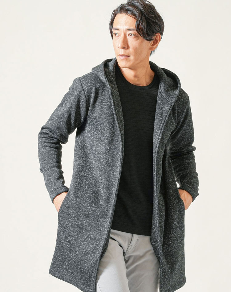 裏起毛ニットフリースフード付き長袖ロングフーディガン