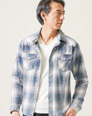 ケミカルウォッシュ長袖インディゴウエスタンチェックシャツ