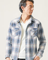 ケミカルウォッシュ長袖インディゴウエスタンチェックシャツ