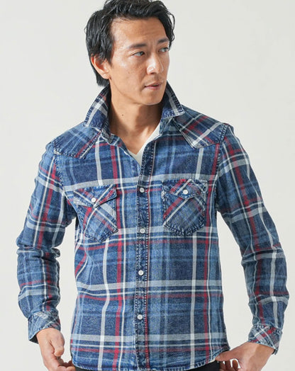 青色チェックシャツウェスタンデニム