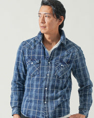 ウォッシュ加工長袖ウエスタンデニムチェックシャツ