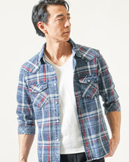 7分袖インディゴデニムウエスタンチェックシャツ