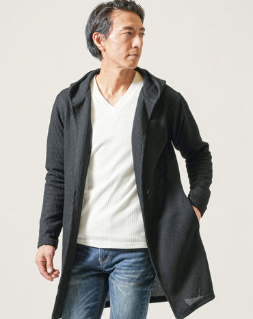 ジャガードニット長袖ストレッチロングパーカー