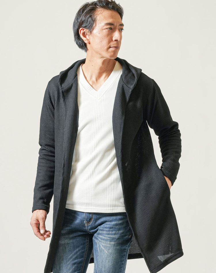 ジャガードニット長袖ストレッチロングパーカー